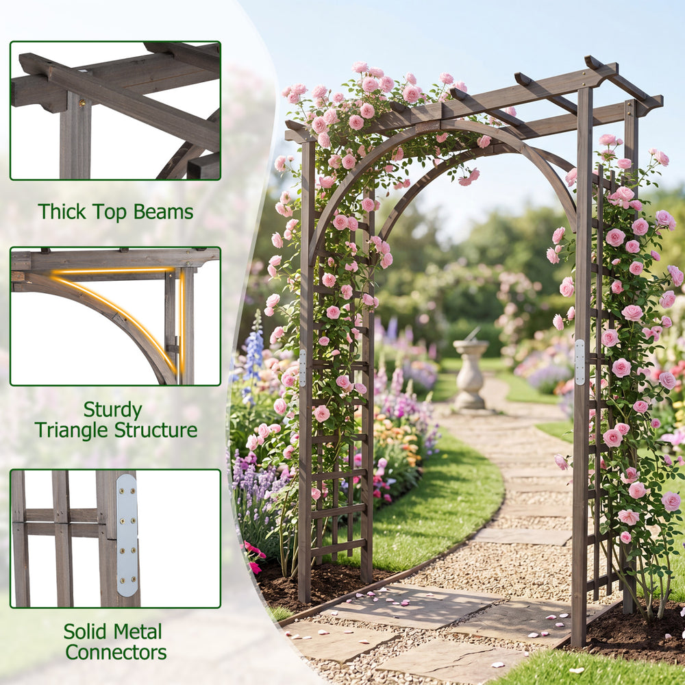 Flat top garden arch trellis made of sturdy fir wood, ideal for climbing plants and wedding decor, 85" tall.