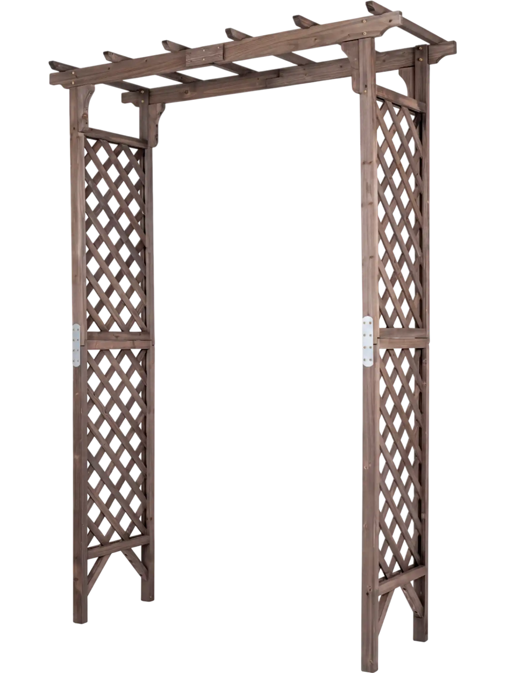 Flat top garden arch made of sturdy fir wood, featuring lattice trellises for climbing plants, ideal for weddings and.