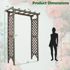 Flat top garden arch with gate, 85" tall, brown fir wood, ideal for climbing plants and wedding decor, sturdy design.