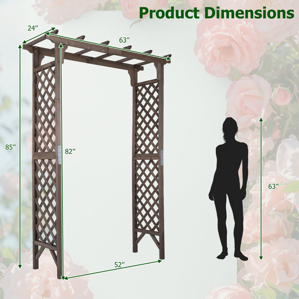 Flat top garden arch with gate, 85" tall, brown fir wood, ideal for climbing plants and wedding decor, sturdy design.