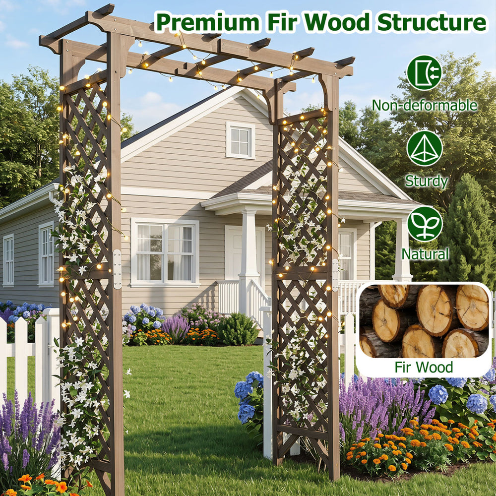 Flat top garden arch made of premium fir wood, 85" tall, ideal for climbing plants and wedding decor in brown.
