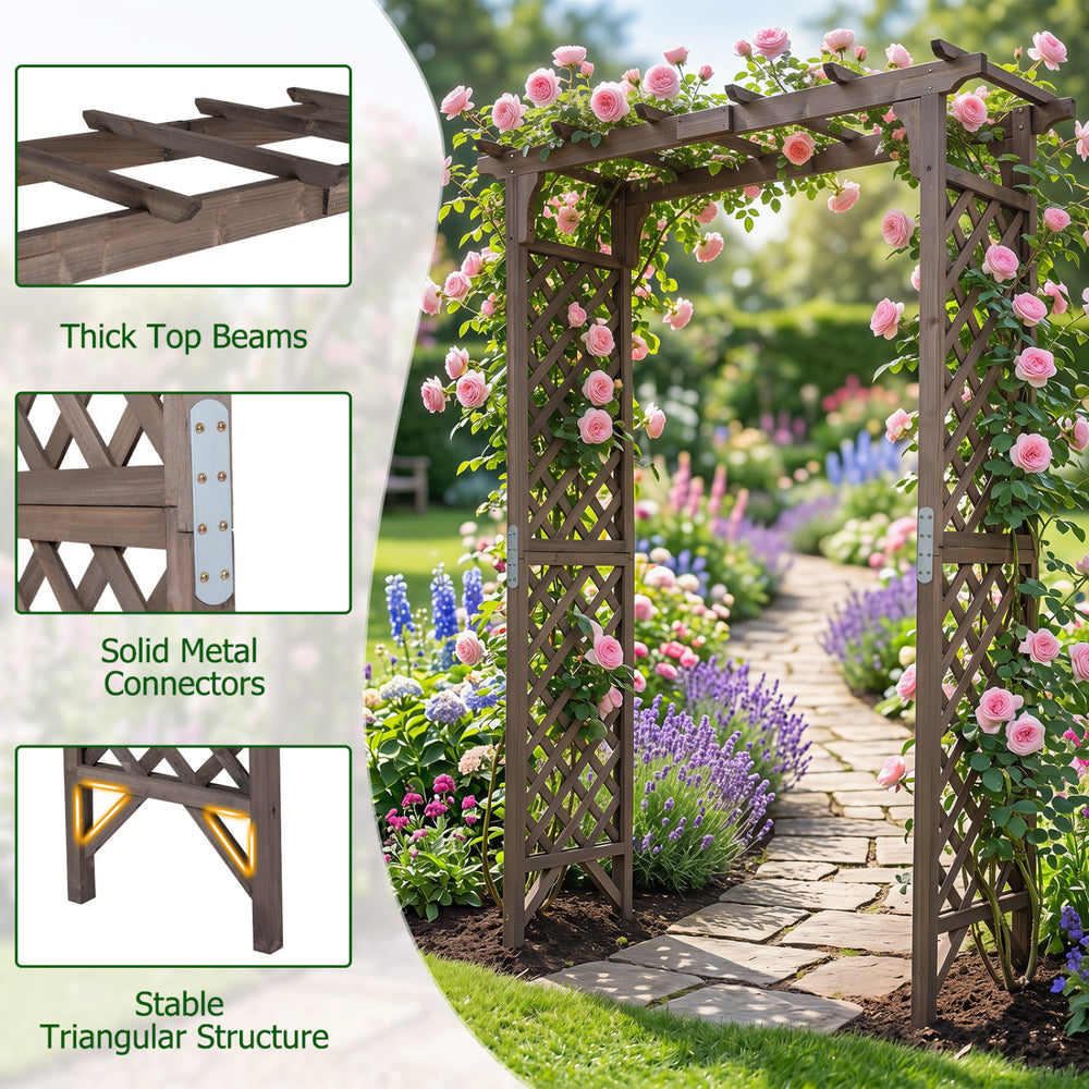 Flat top garden arch with gate, made of sturdy fir wood, ideal for climbing plants and wedding decor in brown.