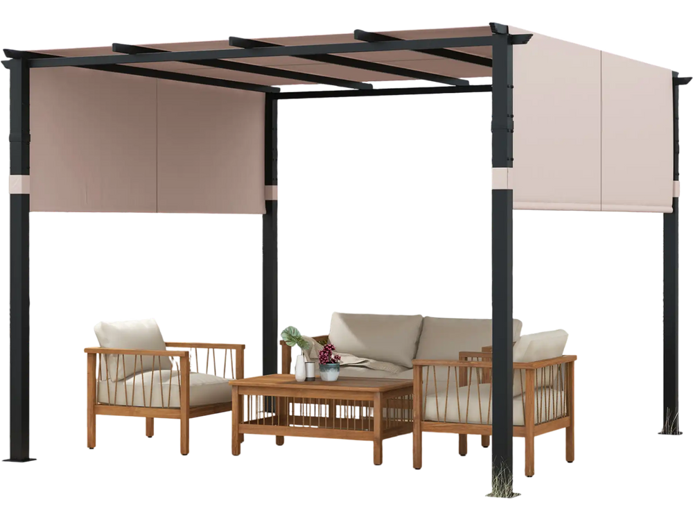 Flat top pergola with beige retractable canopy, sturdy metal frame, ideal for garden and backyard relaxation.