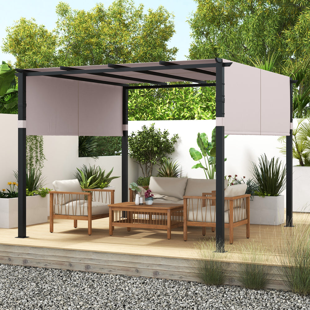 10 x 10 ft Flat Top Pergola with Retractable Canopy for Garden Pool Porch and Backyard-Gray - Gallery View 1 of 10