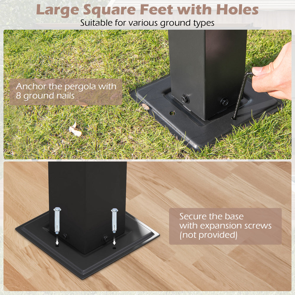 Large square feet with holes for anchoring the 10 x 10 ft pergola, ensuring stability on various ground types.