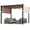 Flat top pergola with beige retractable canopy, sturdy metal frame, ideal for garden, pool, or backyard relaxation.