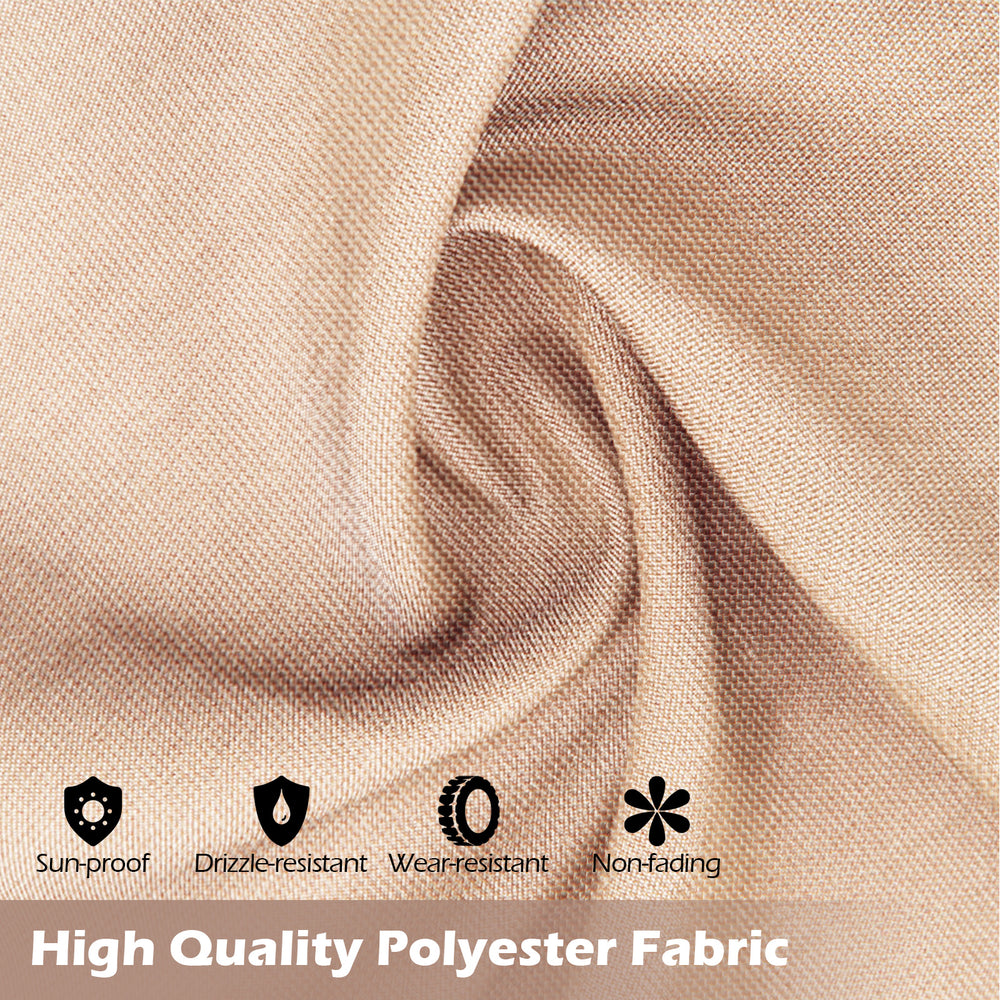 High quality beige polyester fabric showcasing sun-proof, drizzle-resistant, and wear-resistant features for outdoor.