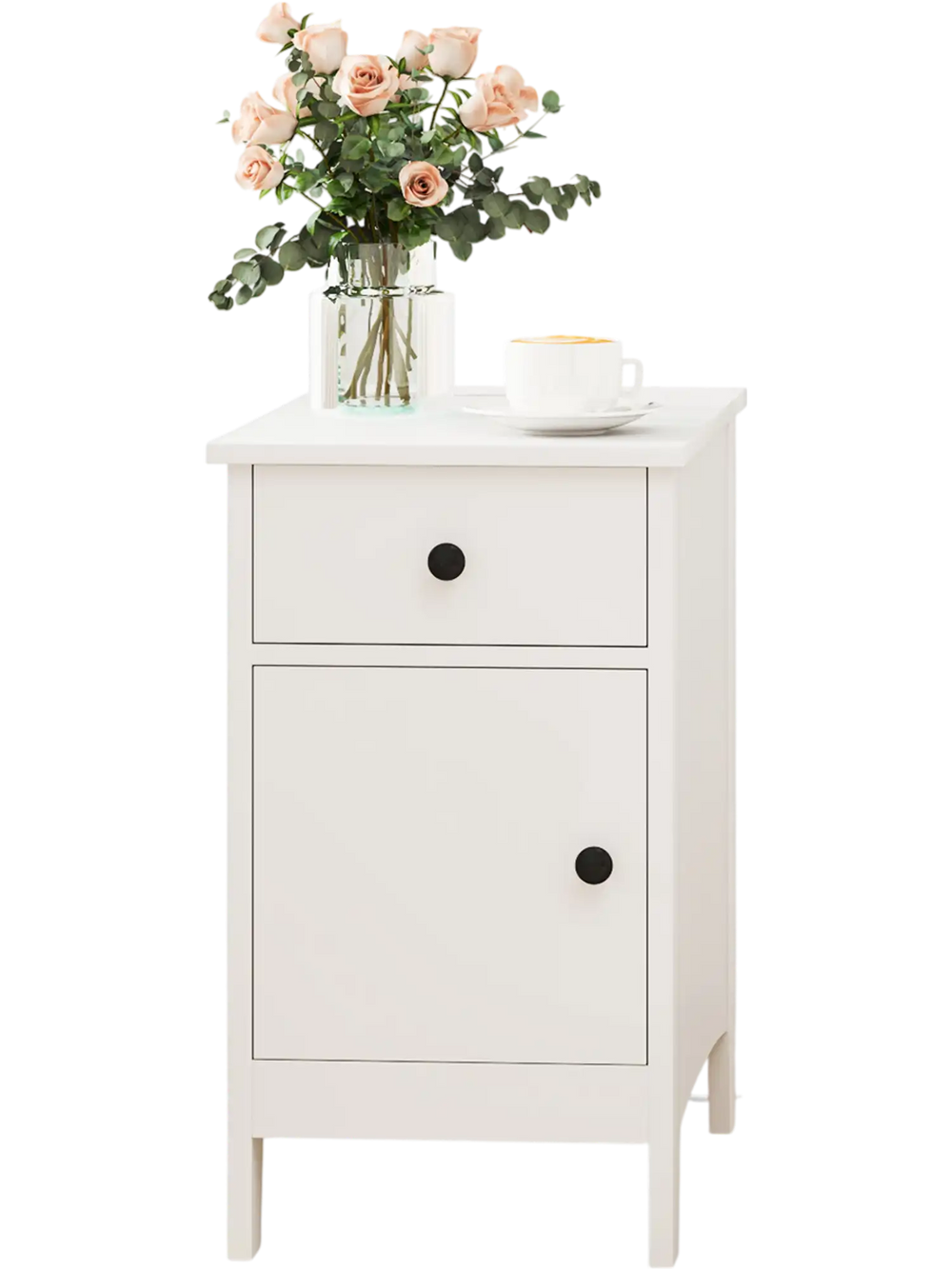 White flip top end table with USB ports, drawer, and charging station, ideal for bedside or sofa side use.