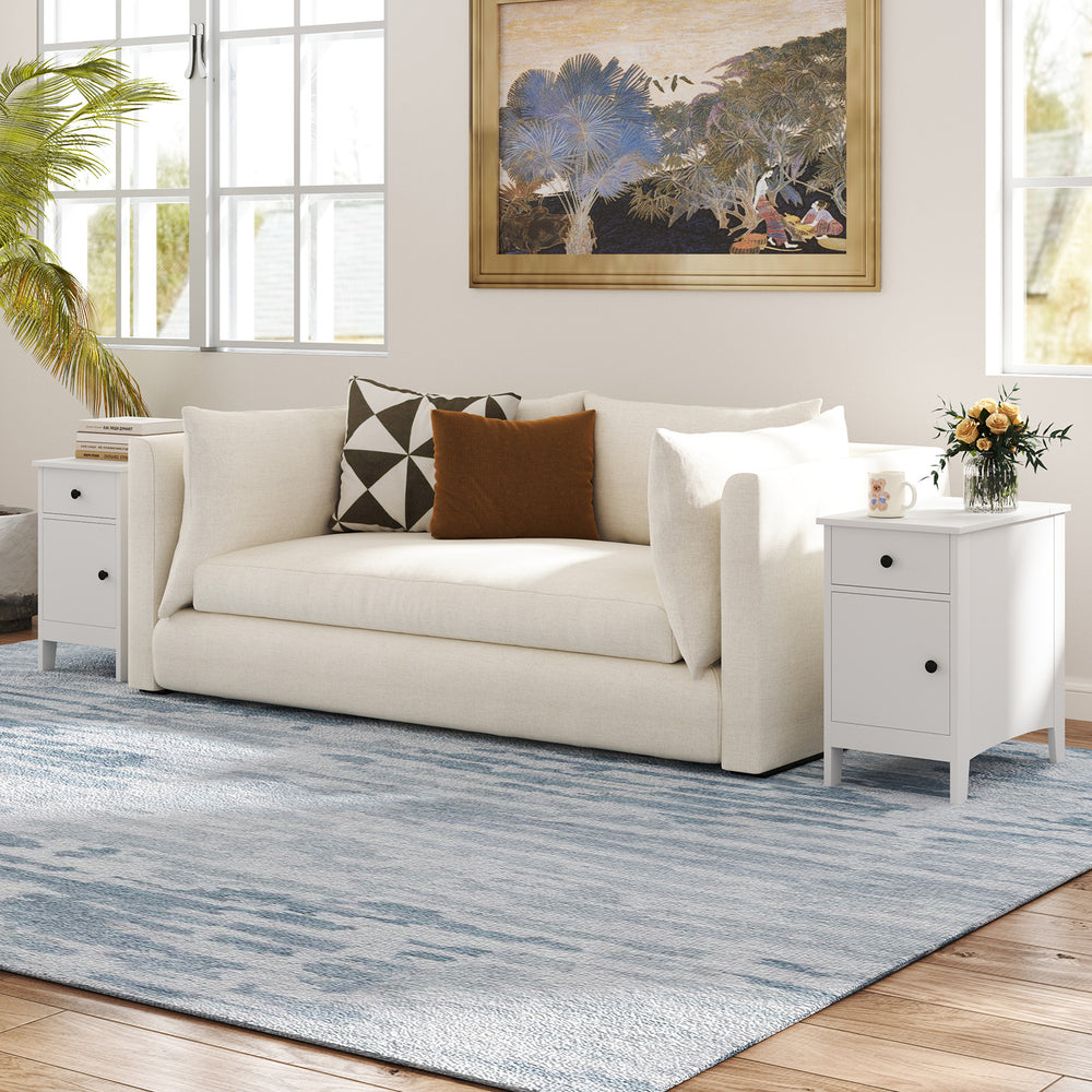 White flip top end table with USB ports, drawer, and storage, ideal as a bedside or sofa side table.