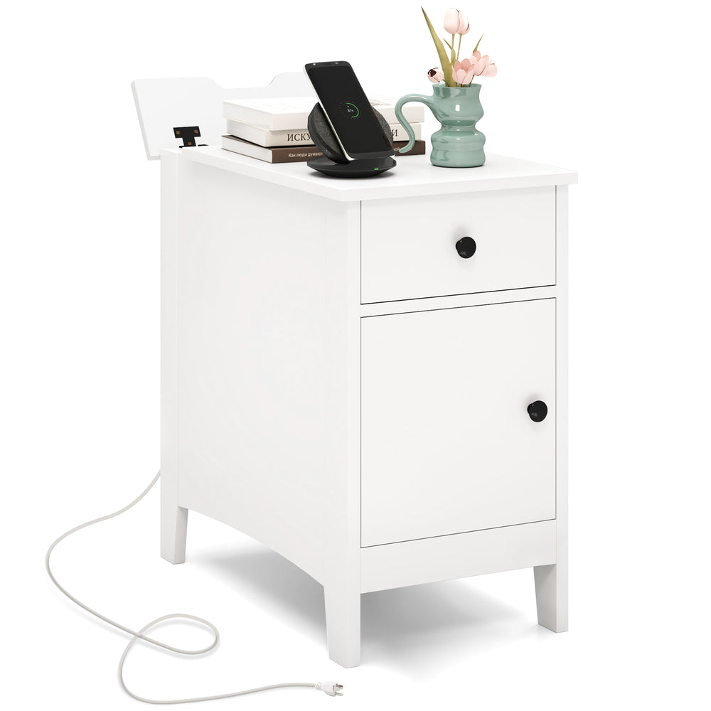 White flip top end table with charging station, USB ports, drawer, and storage for bedside or sofa side use.