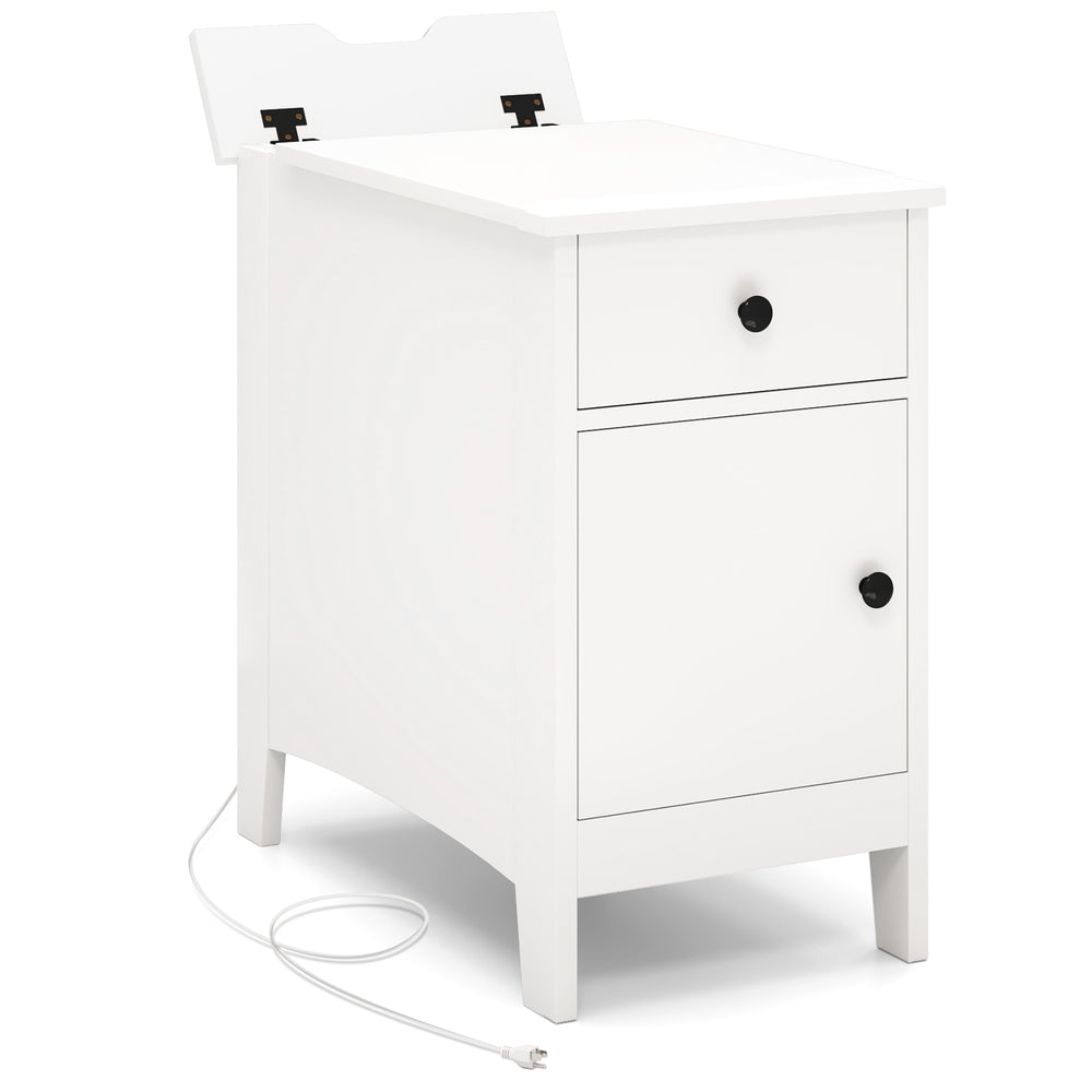 White flip top end table featuring a charging station, drawer, and storage cabinet, ideal for bedside or sofa side use.