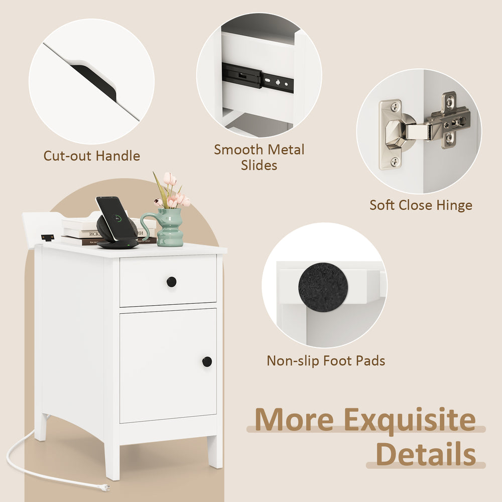 Flip top end table in white featuring USB ports, soft close hinge, and non-slip foot pads for bedside or sofa use.