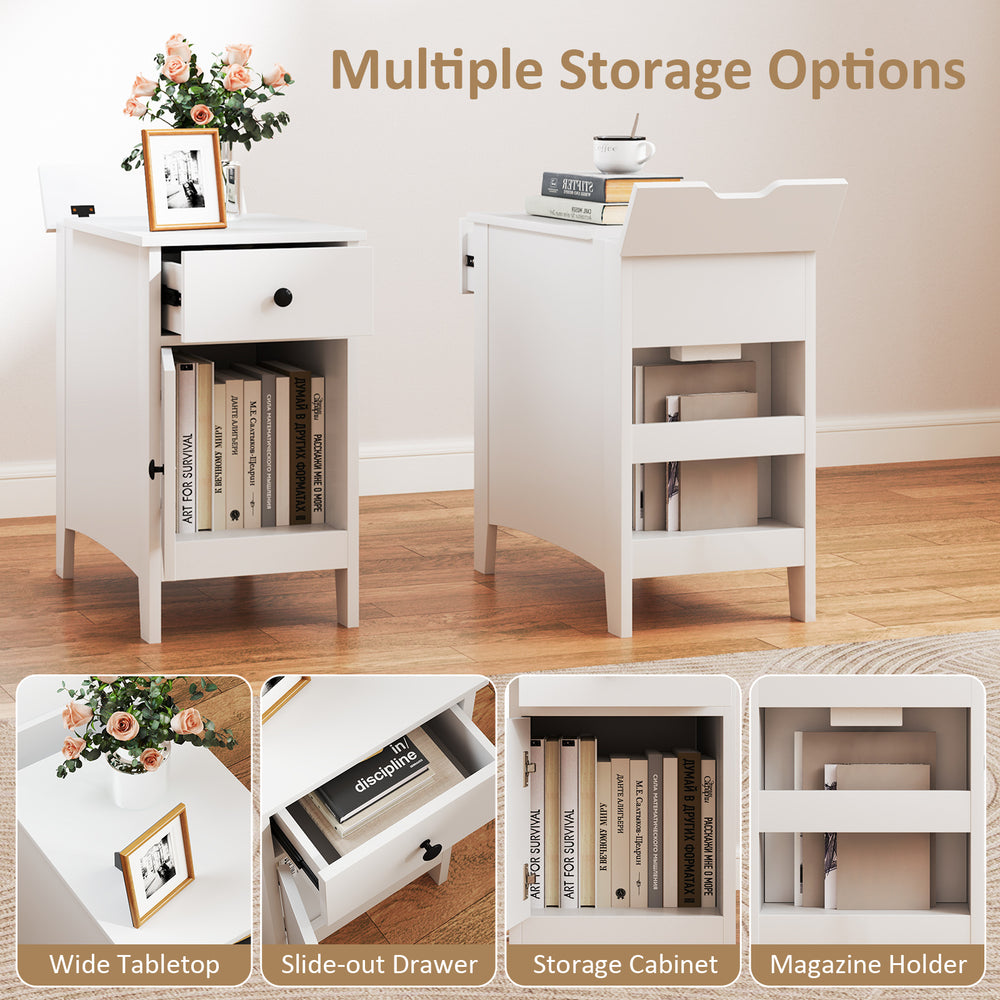 Flip top end table in white with USB ports, slide-out drawer, and magazine holder for versatile storage solutions.