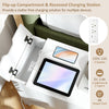 Flip top end table in white featuring a recessed charging station with USB ports and outlets for convenient device.
