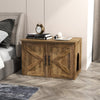 Rustic wooden cat washroom furniture with double barn doors, flip top design, and removable divider for easy access.