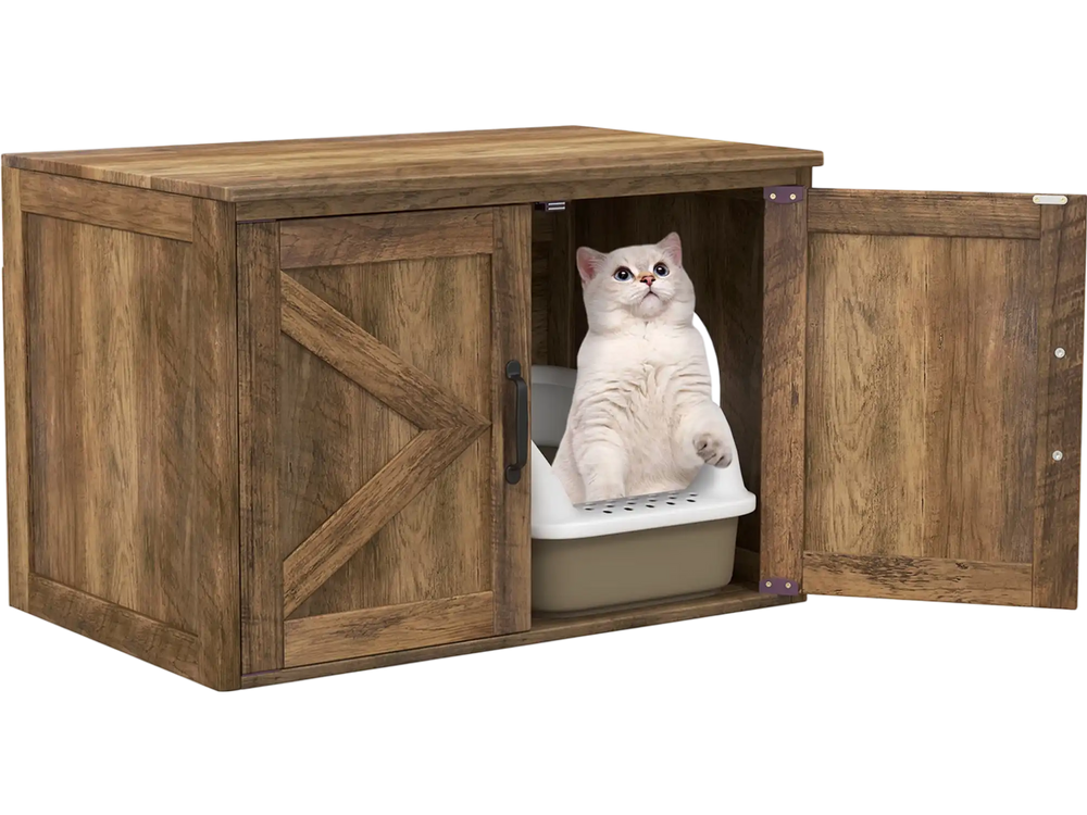 Flip Top Hidden Cat Washroom Furniture with Double Barn Doors and Removable Divider