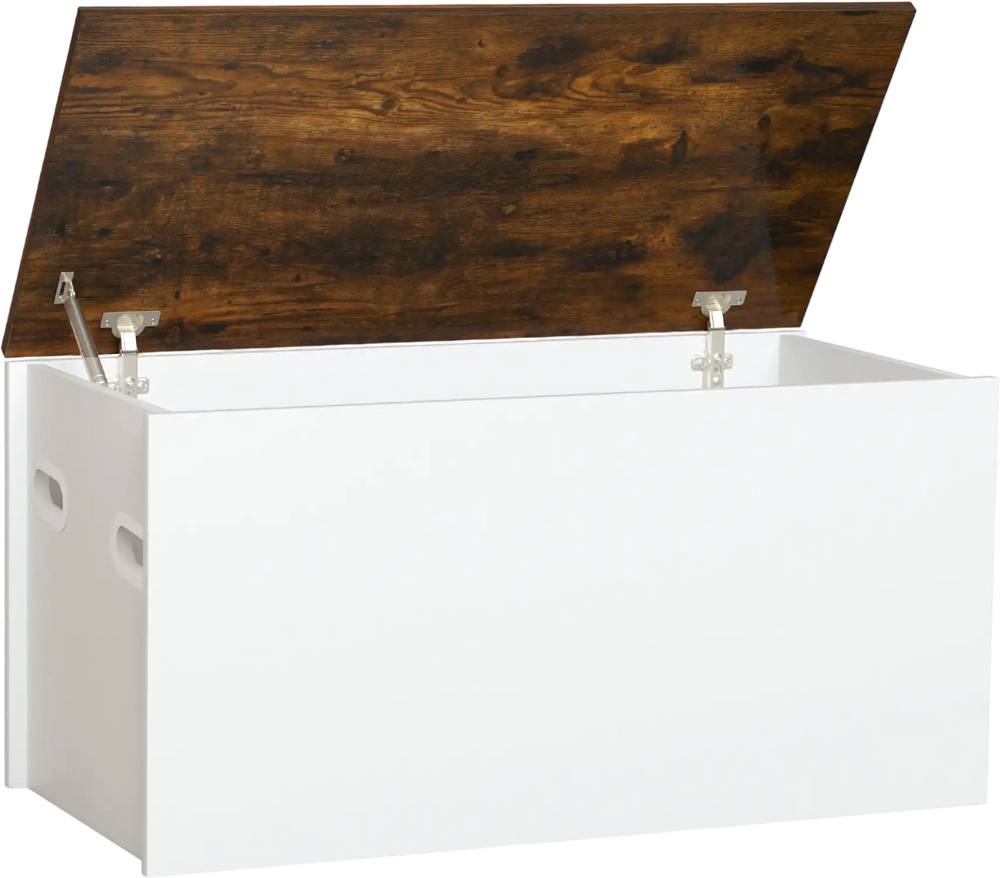 White flip-top storage chest with rustic brown lid, ideal for toys and shoes, supports up to 200 lbs for versatile use.