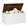 Flip-top storage chest in white with rustic brown lid, ideal for organizing kids' toys and clothes in any room.