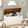 White flip-top storage chest with rustic brown lid, ideal for kids' toys and multi-functional use in various rooms.