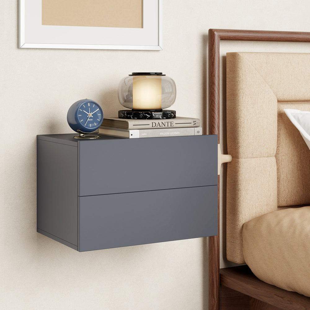 Gray floating nightstand with 2 storage drawers, wall-mounted design for space-saving bedroom organization.