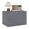 Gray floating nightstand with two storage drawers, ideal for bedroom organization and space-saving design.