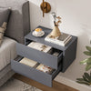 Floating gray nightstand with two storage drawers, wall-mounted design for space-saving bedroom organization.