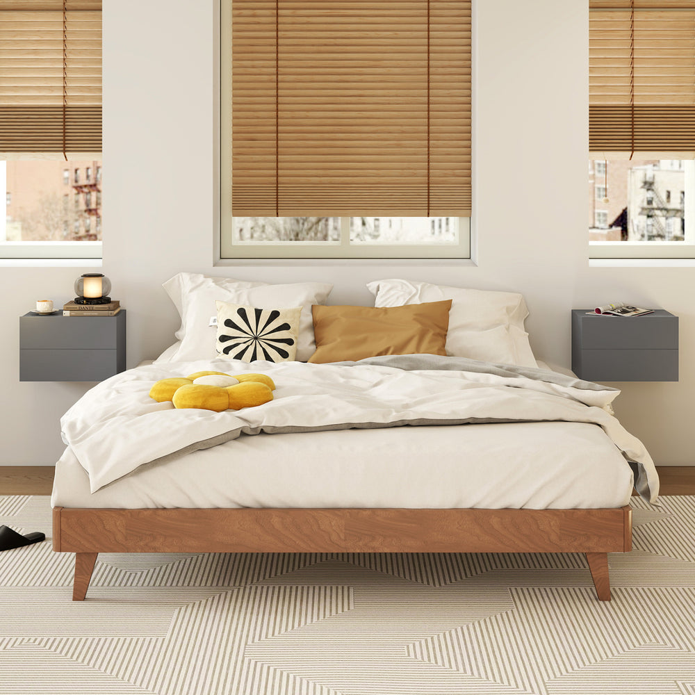 Floating nightstand with two storage drawers in gray, wall-mounted design for modern bedroom organization and easy.