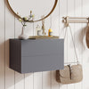 Gray floating nightstand with two storage drawers, wall-mounted design for space-saving and modern style in any room.