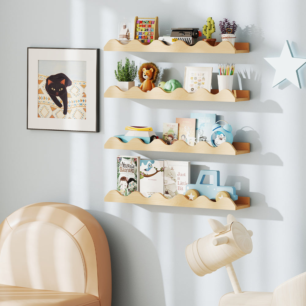 24 Inch Kids Bookshelf Set of 4 Wall-Mounted Picture Ledge Shelf-Natural - Gallery View 1 of 10