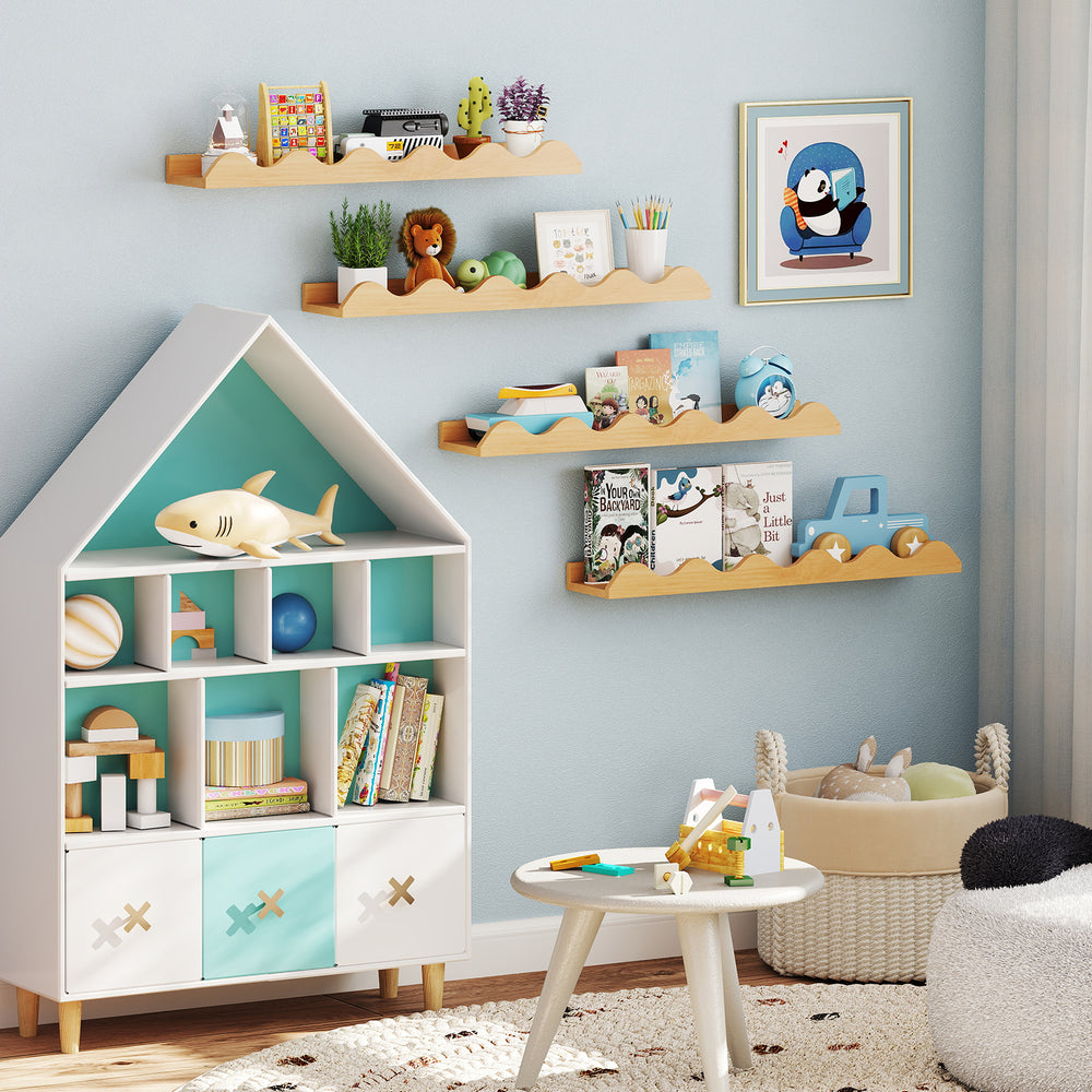 Kids bookshelf set of 4 wall-mounted ledges in natural fir wood, ideal for displaying toys and books in a nursery.