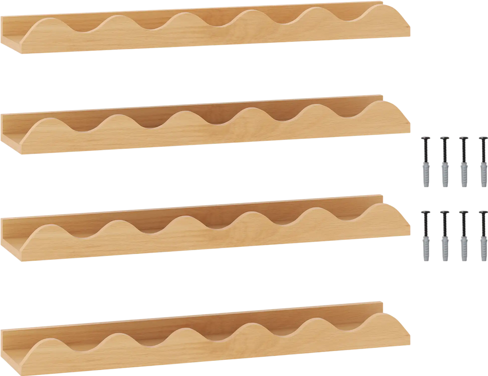 Set of 4 natural fir wood wall-mounted picture ledge shelves with wave-shaped edges for kids' rooms and playrooms.