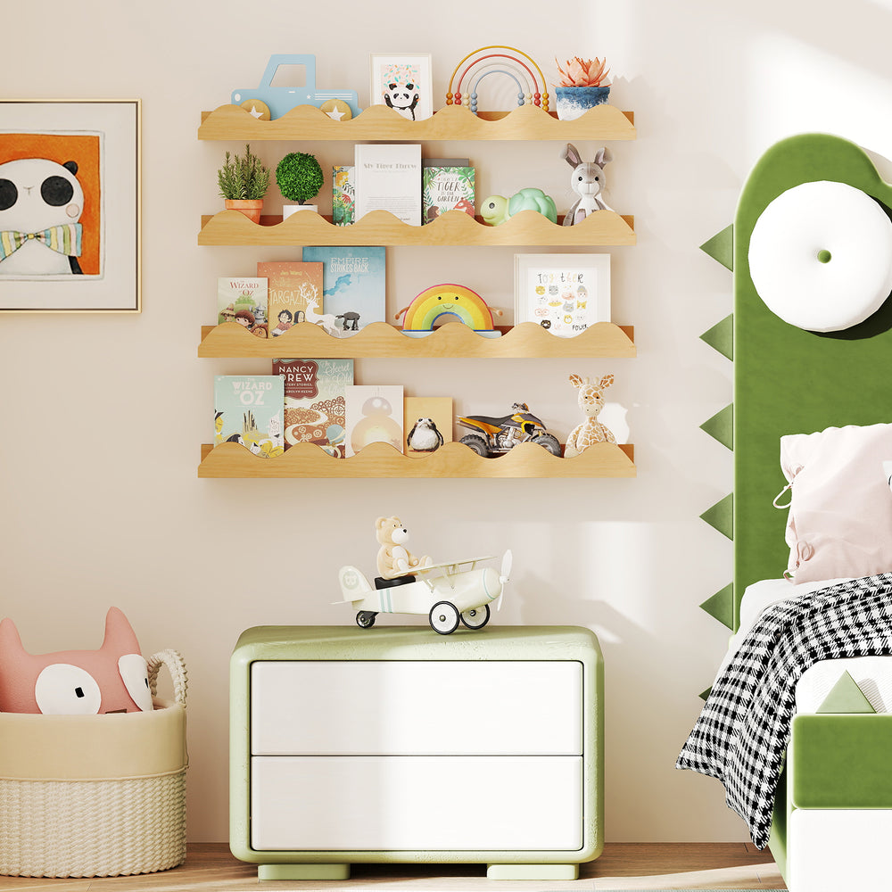 24-inch natural fir wood kids bookshelf set of 4, wall-mounted with wave-shaped edges, ideal for displaying books and.