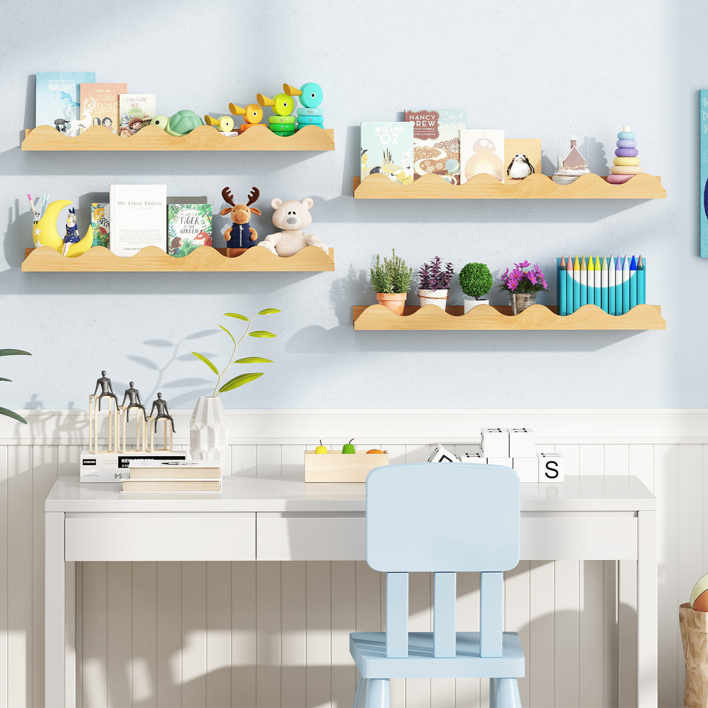 Set of 4 natural fir wood wall-mounted picture ledge shelves with toys and books, ideal for kids' rooms and playrooms.