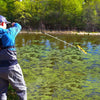 Floating Weed Lake Rake 36” with foam floats, shown in use for aquatic weed removal in a pond.