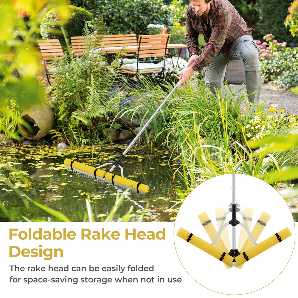 Floating Weed Lake Rake with 36-tine head and foam floats, designed for effective aquatic weed removal and easy storage.