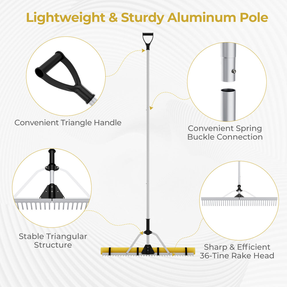 Lightweight aluminum 36” lake rake with foam floats, featuring a triangle design for stability and anti-slip handle.