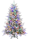 Flocked 6-foot Christmas tree with 8 lighting modes and multi-color LED lights, perfect for festive decorations.