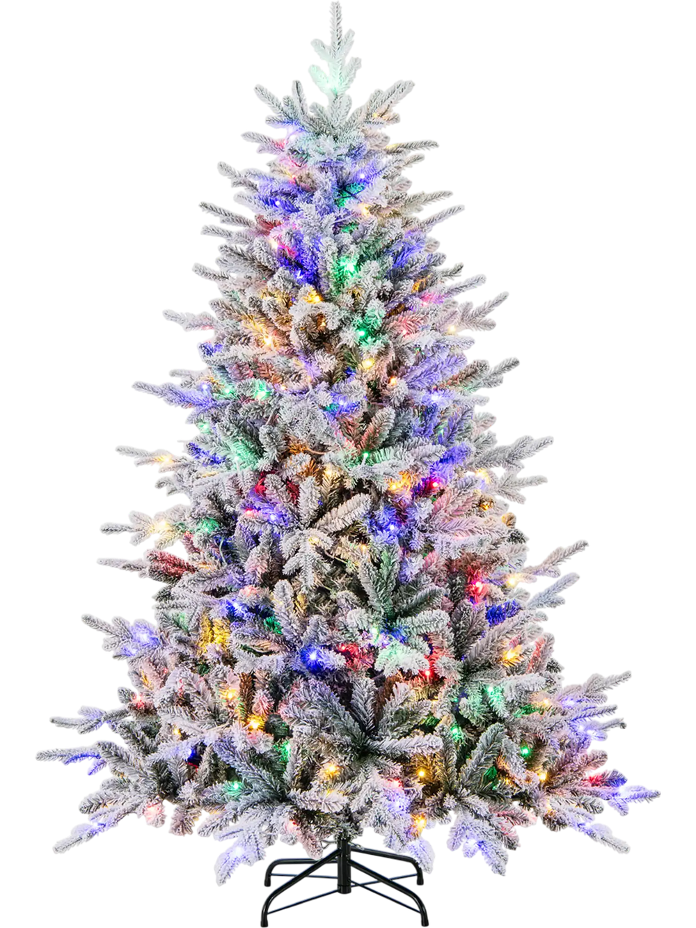 Flocked 6-foot Christmas tree with 8 lighting modes and multi-color LED lights, perfect for festive decorations.