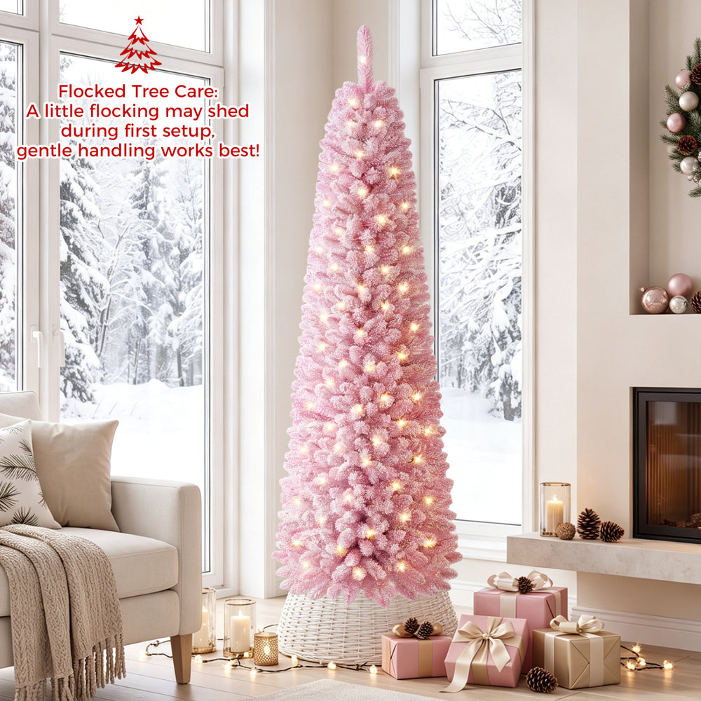 Flocked Pencil Christmas Tree with 8 Modes Pre-Lit Artificial Fir Xmas Tree-6 FT - Gallery View 1 of 10