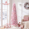 Flocked pink pencil Christmas tree, 6/7 FT tall, pre-lit with 140 warm white LEDs, perfect for festive holiday decor.