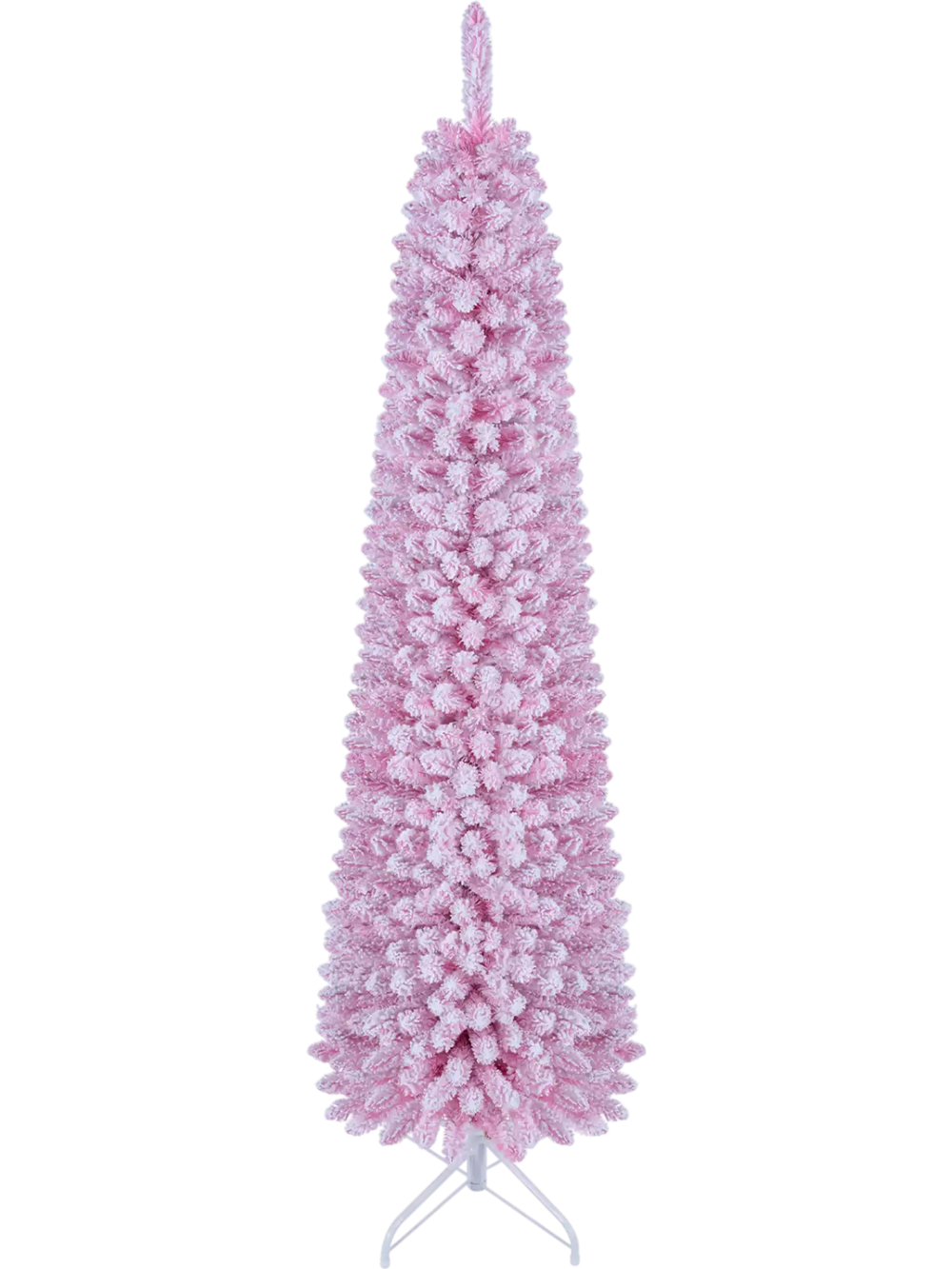 Flocked pink pencil Christmas tree, 6/7 FT tall, pre-lit with 140 warm white LED lights and 8 lighting modes for festive decor.