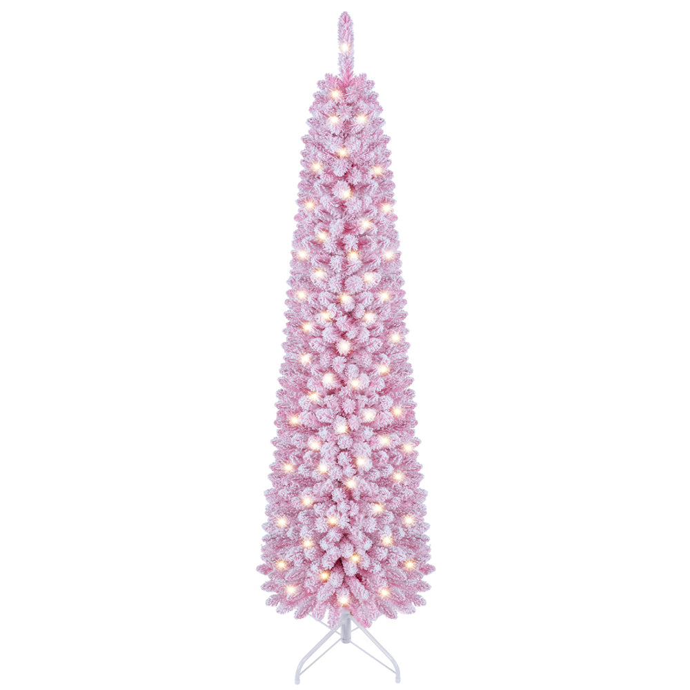 Flocked pink pencil Christmas tree, 6/7 FT tall, pre-lit with 140 warm white LED lights and 8 lighting modes for festive decor.