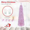 Flocked pink pencil Christmas tree, 6 ft tall with 140 warm white LED lights and 8 modes, perfect for holiday decor.