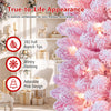 Adorable pink 6/7 FT flocked pencil Christmas tree with 392 branch tips and 140 warm white LED lights for festive decor.