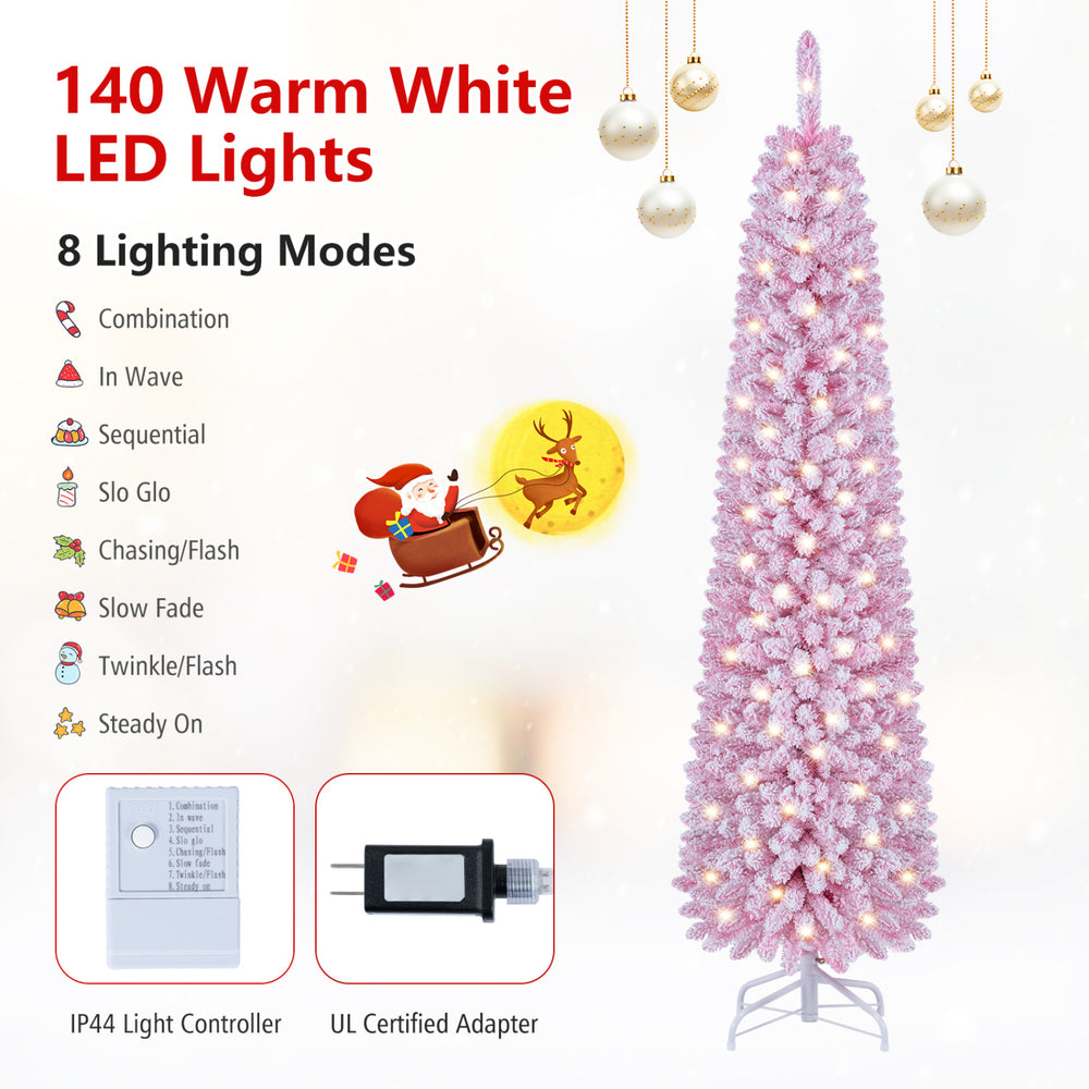 Flocked pink Christmas tree with 140 warm white LED lights and 8 lighting modes, perfect for festive holiday decor.