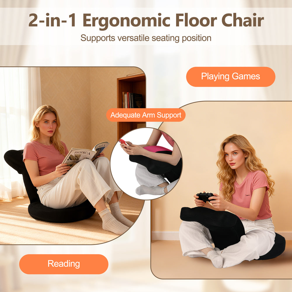 Ergonomic floor chair in pink with adjustable headrest and backrest, perfect for gaming or reading in any room.