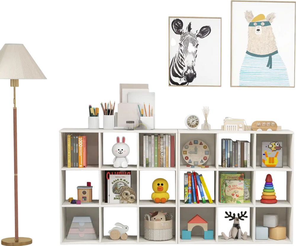 Wooden kids bookcase in white with storage cubbies, perfect for organizing toys and books in a child's room.