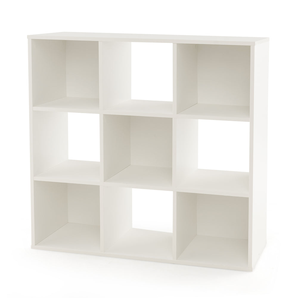 White wooden kids bookcase with nine storage cubbies, designed for safety and easy organization in children's rooms.