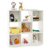 Wooden kids bookcase with storage cubbies in white, featuring toys and books, ideal for organizing children's rooms.