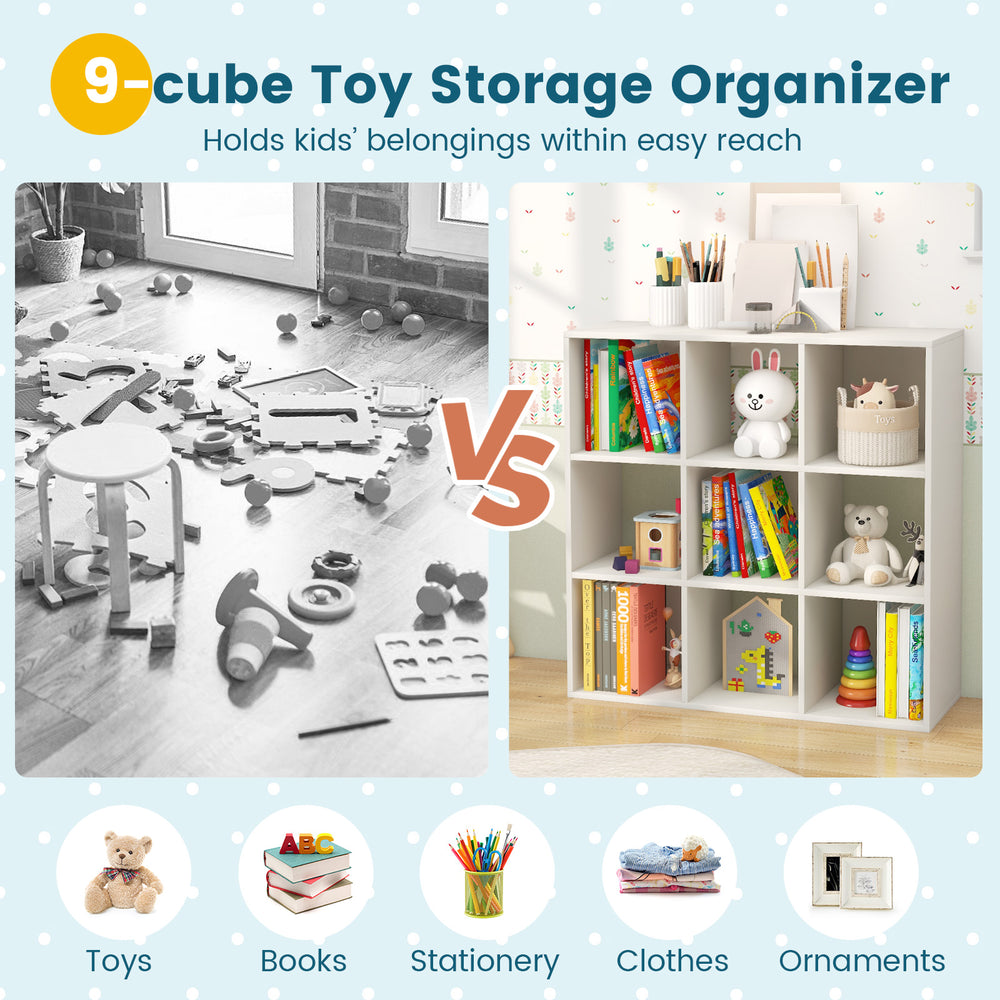 Wooden kids bookcase with storage cubbies in white, featuring anti-toppling devices for safety and organization in.